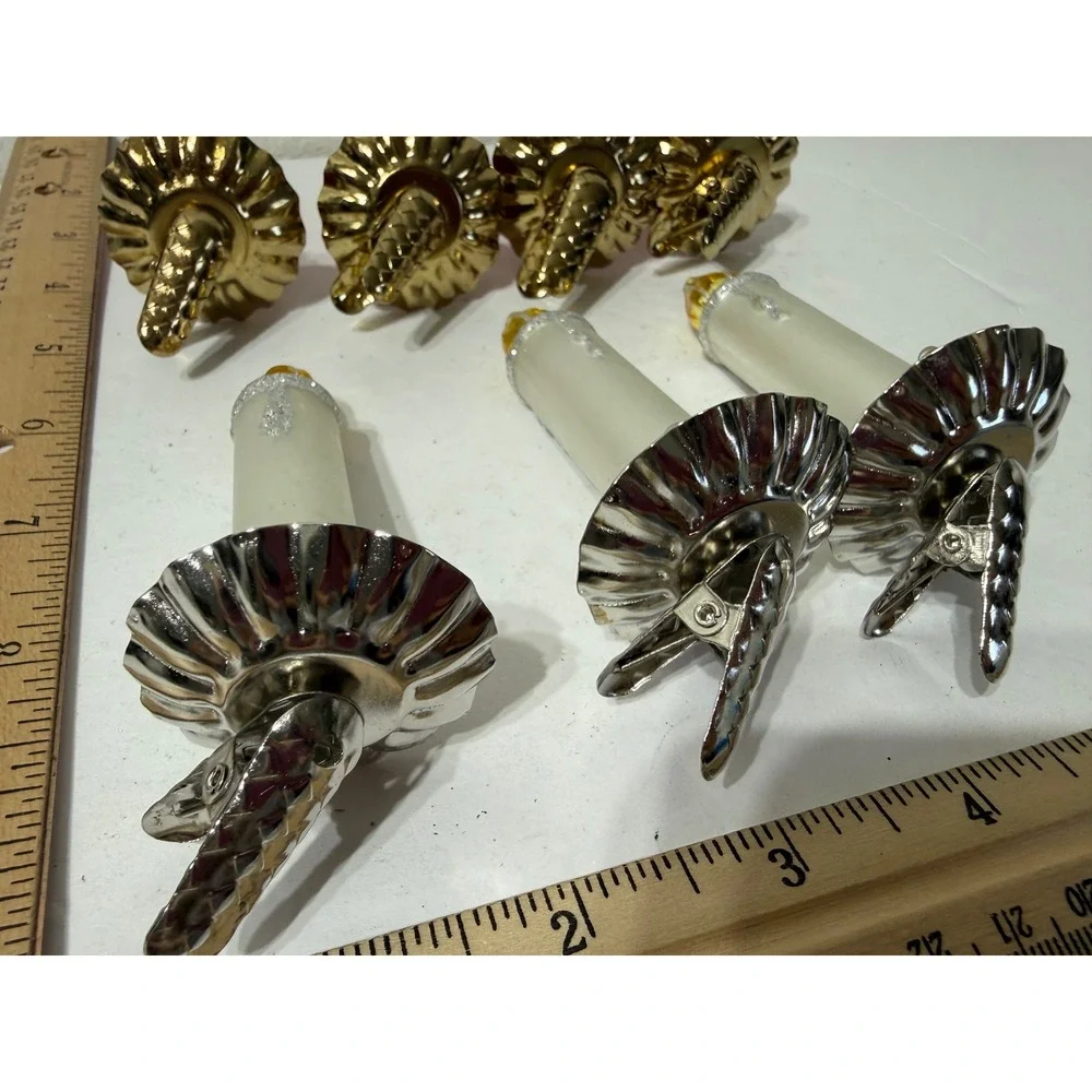 Vintage Style Glass Clip On Candle Christmas Ornaments Red White Glitter Set 7